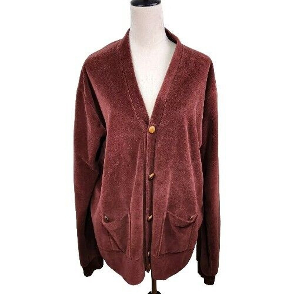 Campus Cardigan Sweater Mens XL Tall Red Velour V Neck Pockets Made USA Vtg